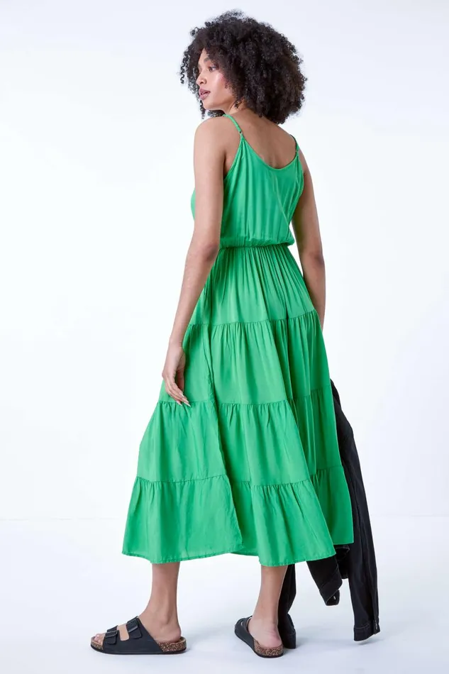 Women Green Plain Tiered Midi Dress Roman Dresses