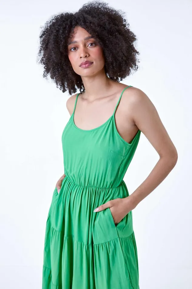 Women Green Plain Tiered Midi Dress Roman Dresses