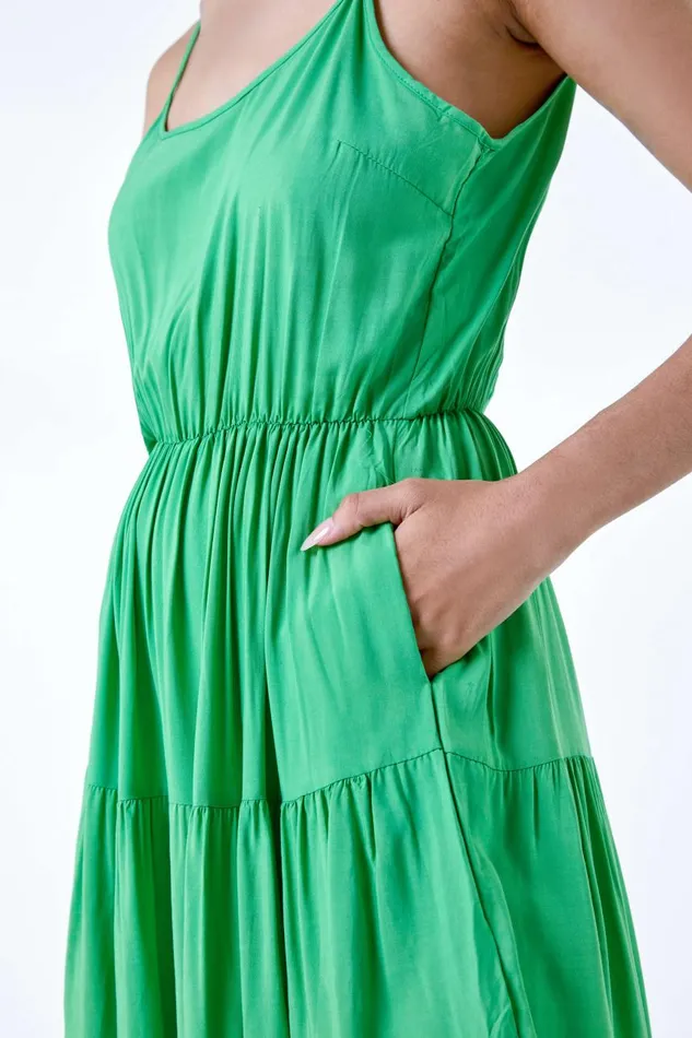 Women Green Plain Tiered Midi Dress Roman Dresses
