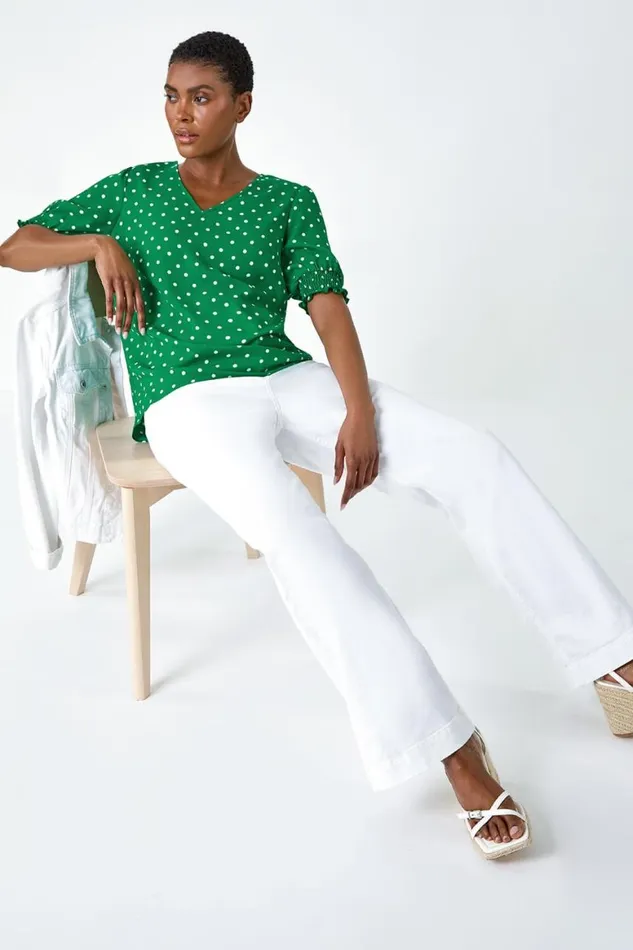 Women Green Polka Dot Shirred Top Roman Tops