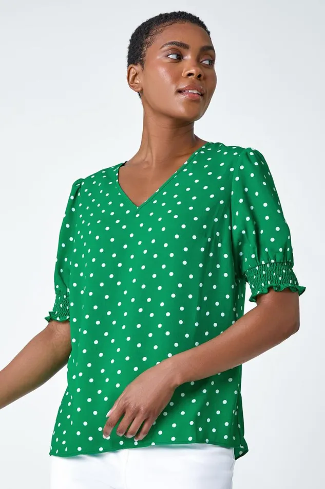 Women Green Polka Dot Shirred Top Roman Tops