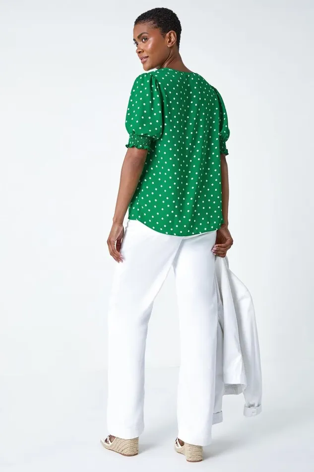 Women Green Polka Dot Shirred Top Roman Tops
