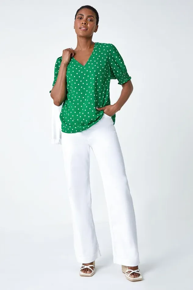 Women Green Polka Dot Shirred Top Roman Tops