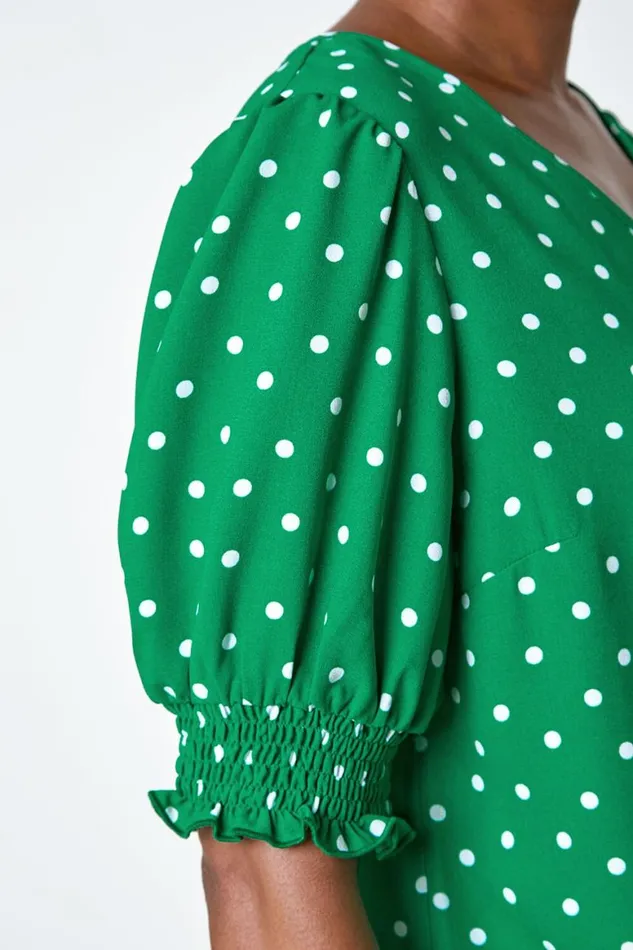 Women Green Polka Dot Shirred Top Roman Tops