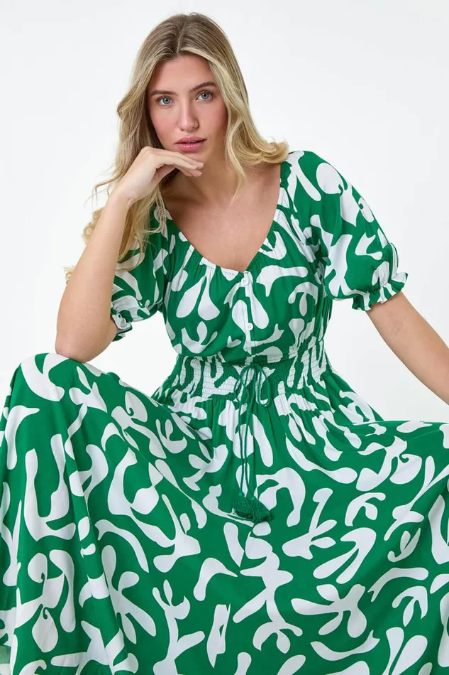 Women Green Shirred Waist Abstract Print Maxi Dress Roman Dresses