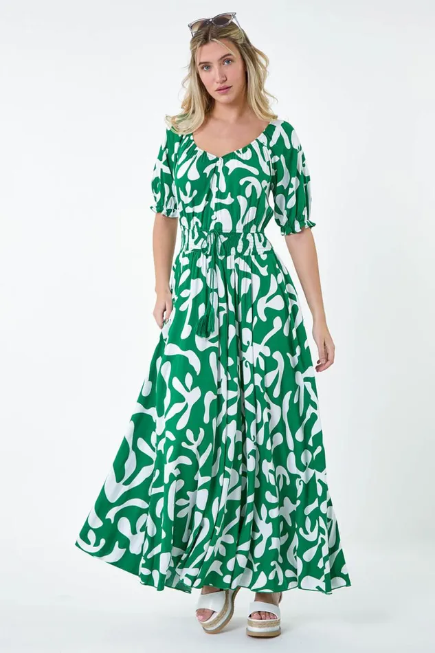Women Green Shirred Waist Abstract Print Maxi Dress Roman Dresses