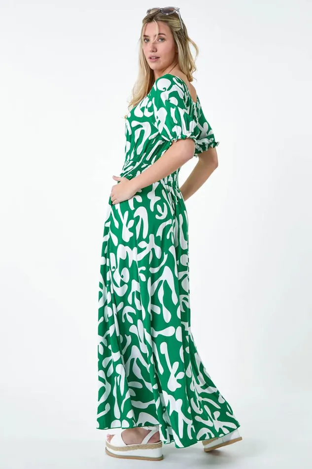Women Green Shirred Waist Abstract Print Maxi Dress Roman Dresses