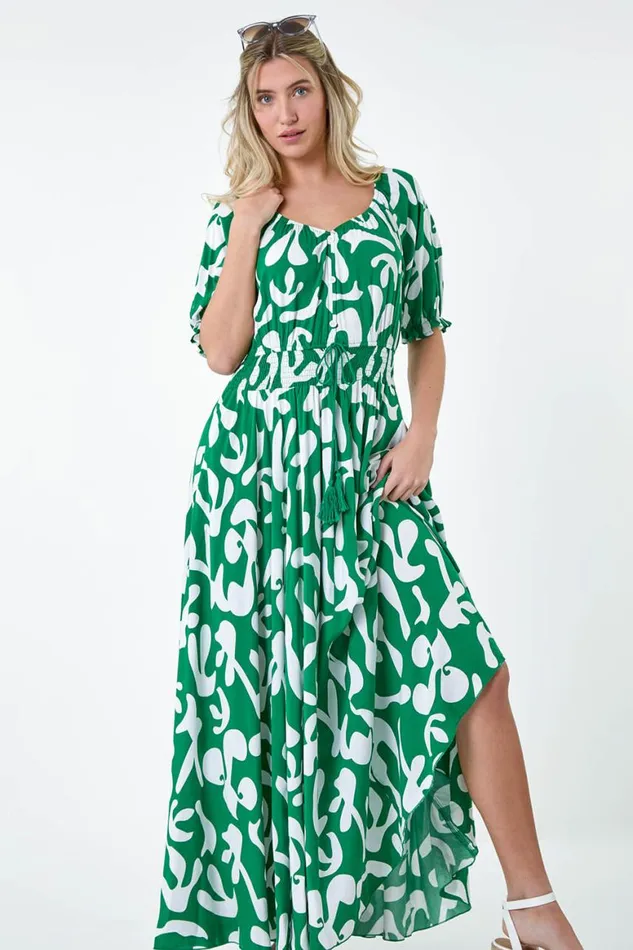 Women Green Shirred Waist Abstract Print Maxi Dress Roman Dresses