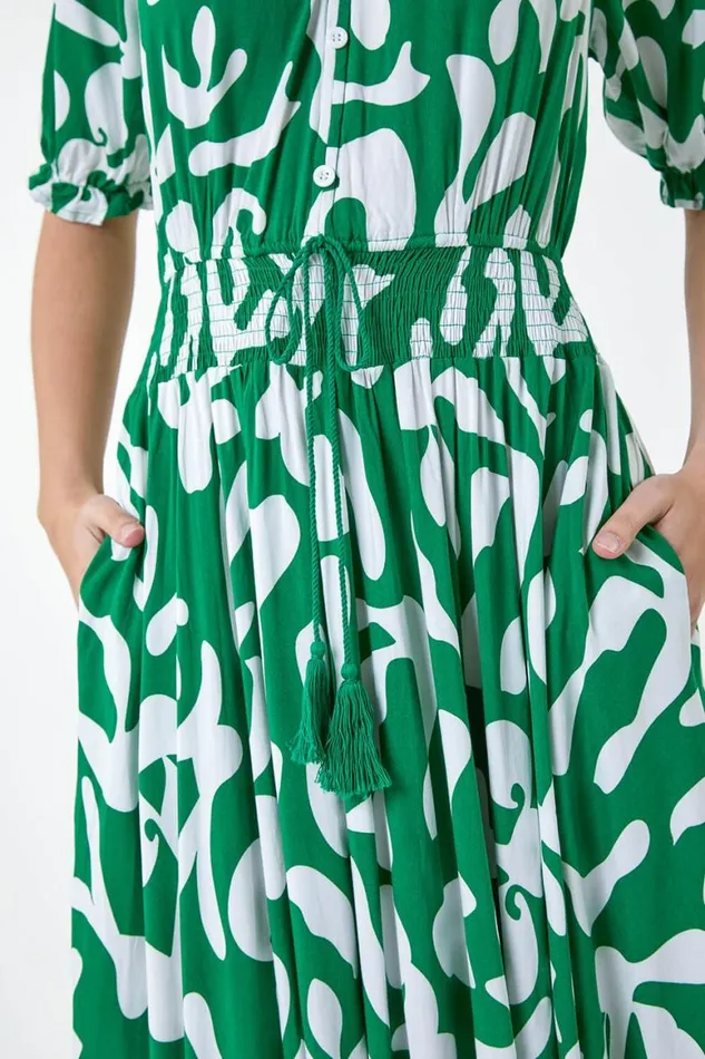 Women Green Shirred Waist Abstract Print Maxi Dress Roman Dresses