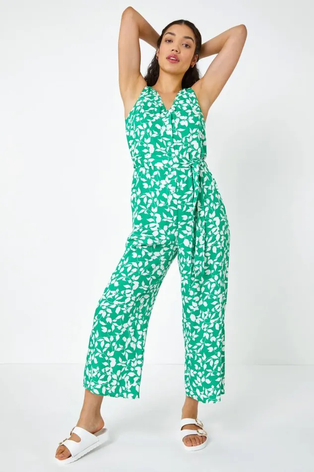 Women Green Sleeveless Leaf Print Button Jumpsuit Roman Dresses