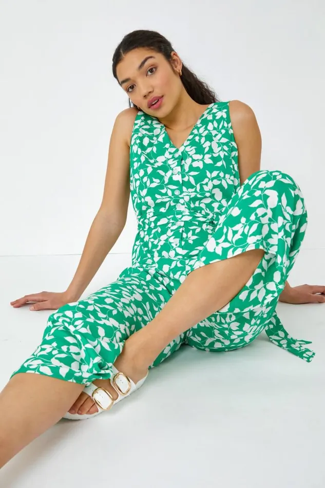 Women Green Sleeveless Leaf Print Button Jumpsuit Roman Dresses