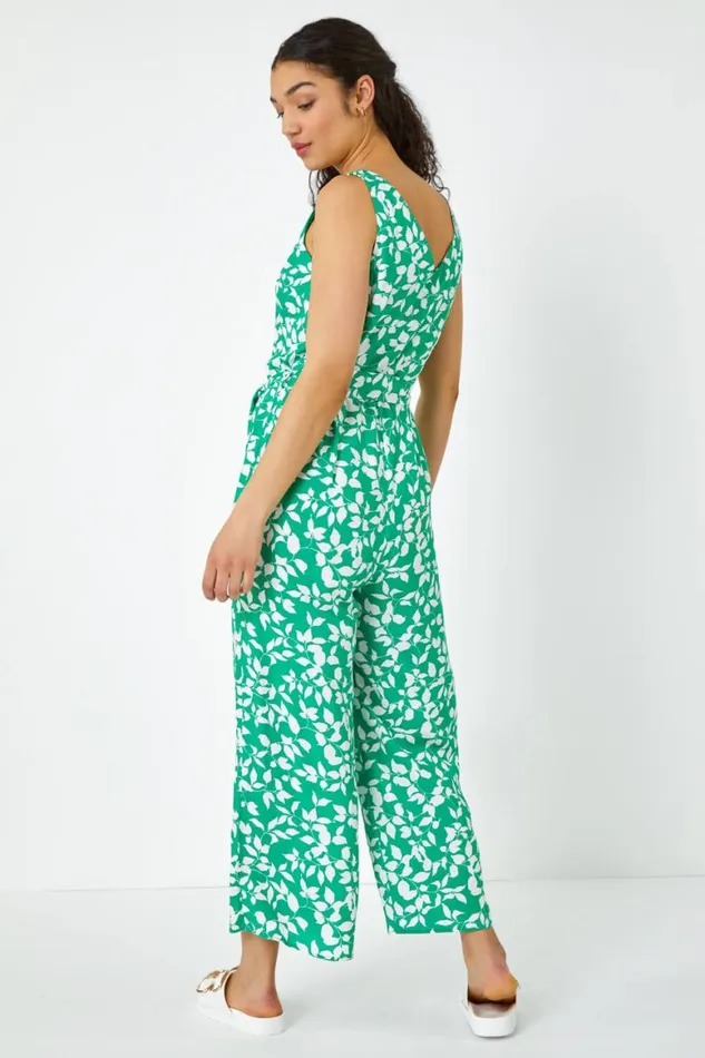Women Green Sleeveless Leaf Print Button Jumpsuit Roman Dresses