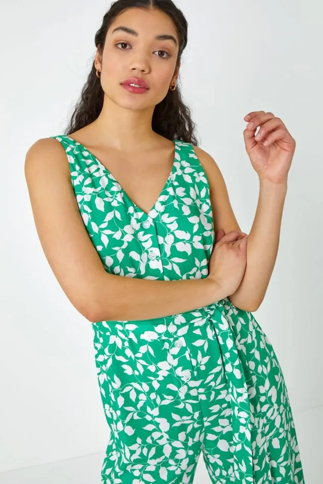 Women Green Sleeveless Leaf Print Button Jumpsuit Roman Dresses