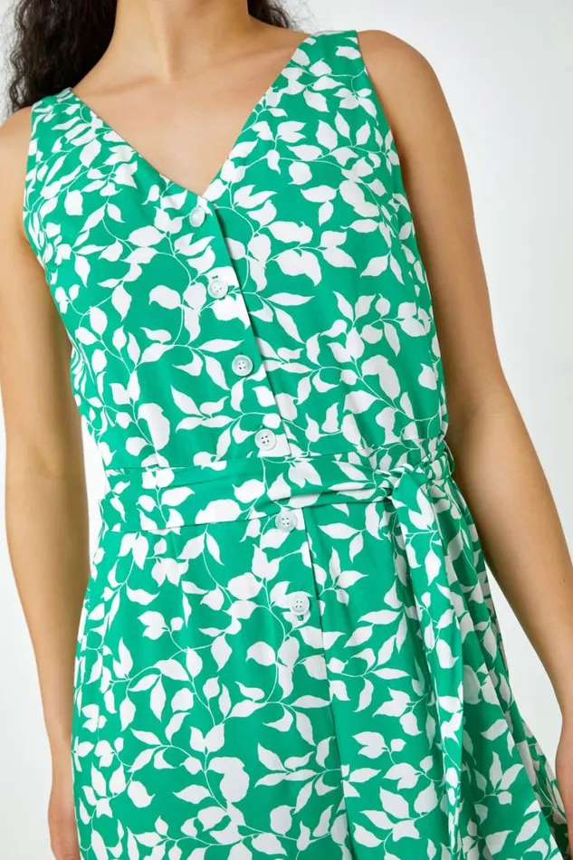 Women Green Sleeveless Leaf Print Button Jumpsuit Roman Dresses