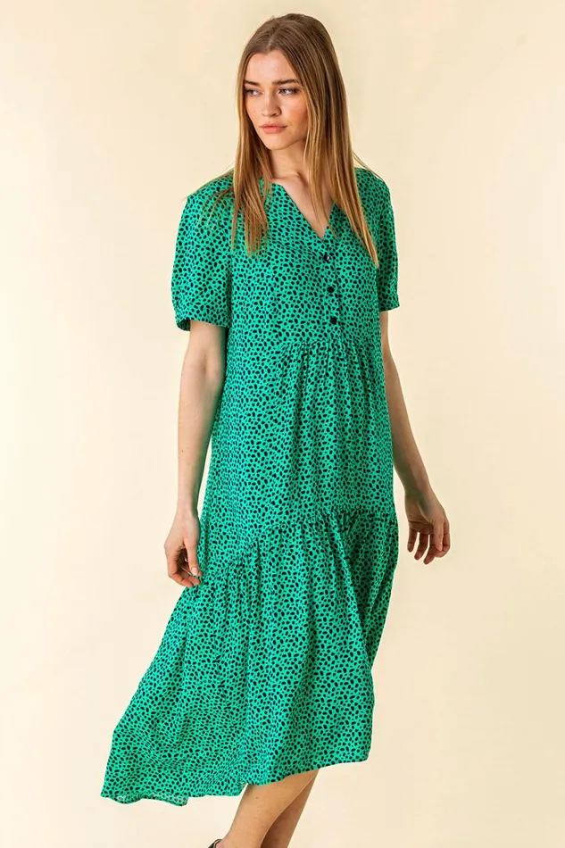 Women Green Spot Print Tiered Midi Dress Roman Dresses