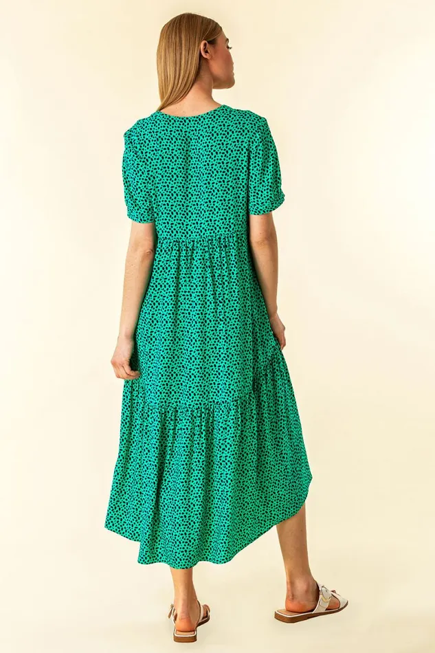 Women Green Spot Print Tiered Midi Dress Roman Dresses