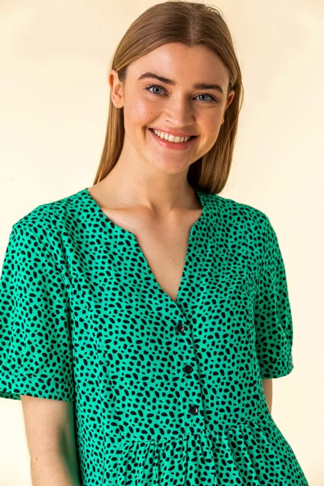 Women Green Spot Print Tiered Midi Dress Roman Dresses