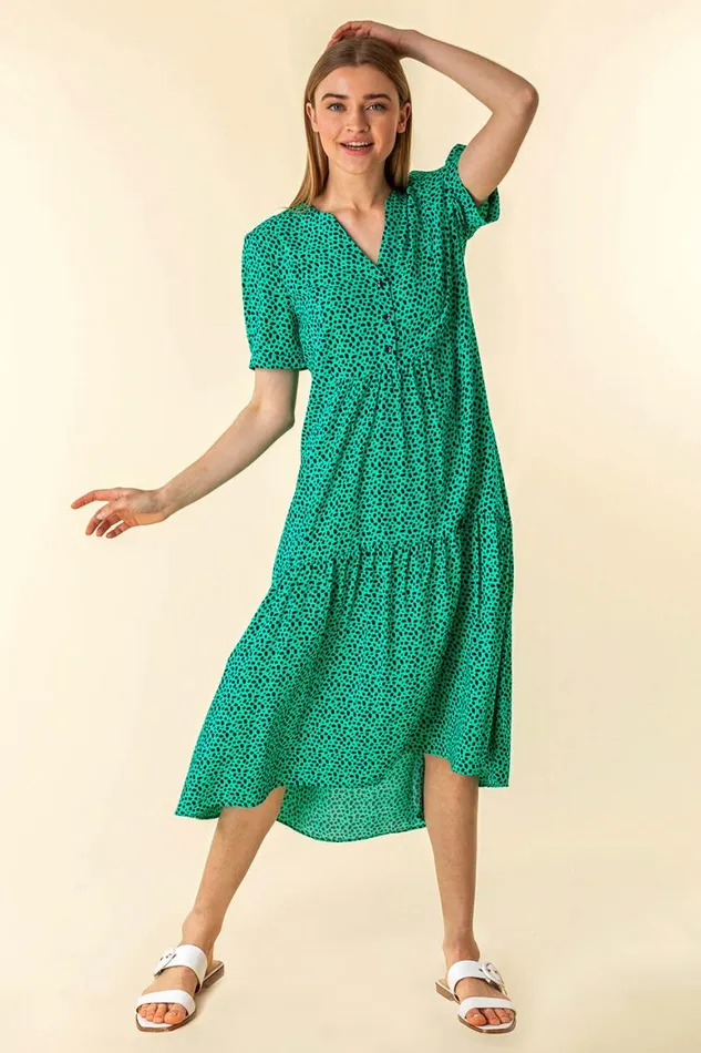 Women Green Spot Print Tiered Midi Dress Roman Dresses
