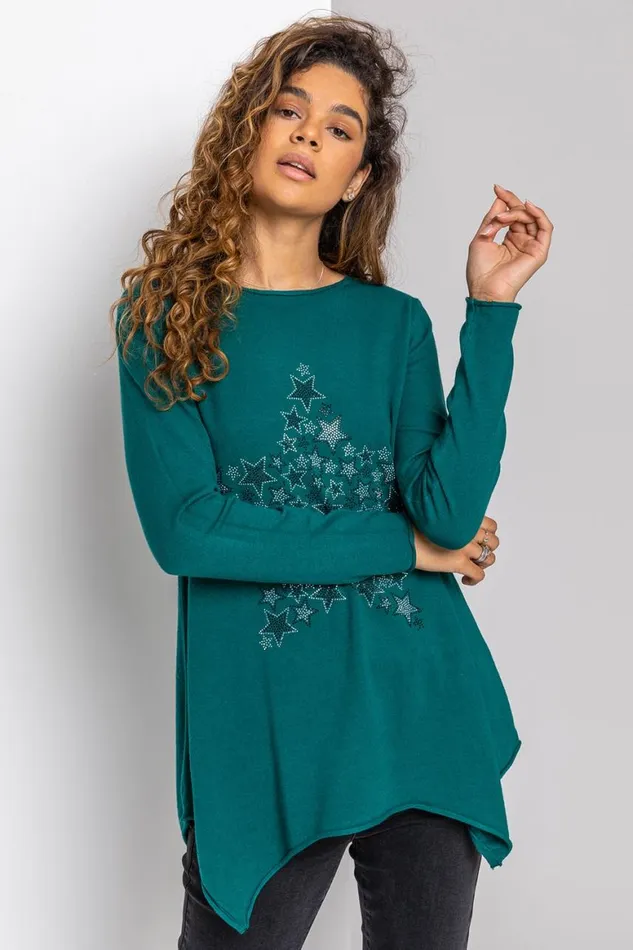 Women Green Star Print Embellished Tunic Top With Scarf Roman Tops