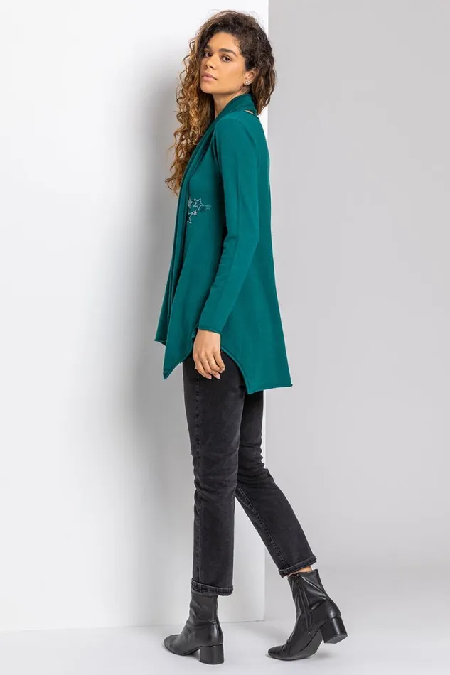 Women Green Star Print Embellished Tunic Top With Scarf Roman Tops