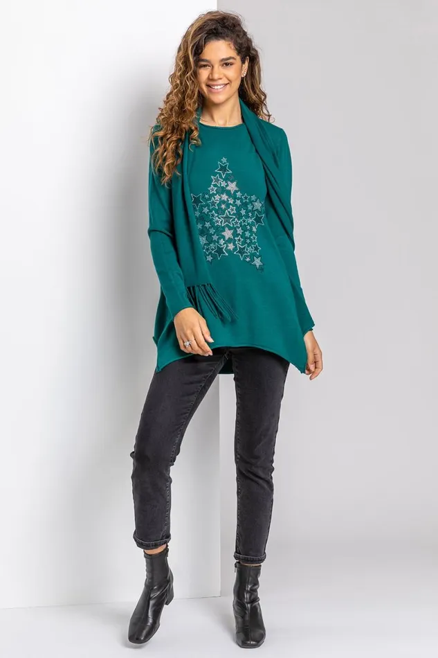 Women Green Star Print Embellished Tunic Top With Scarf Roman Tops