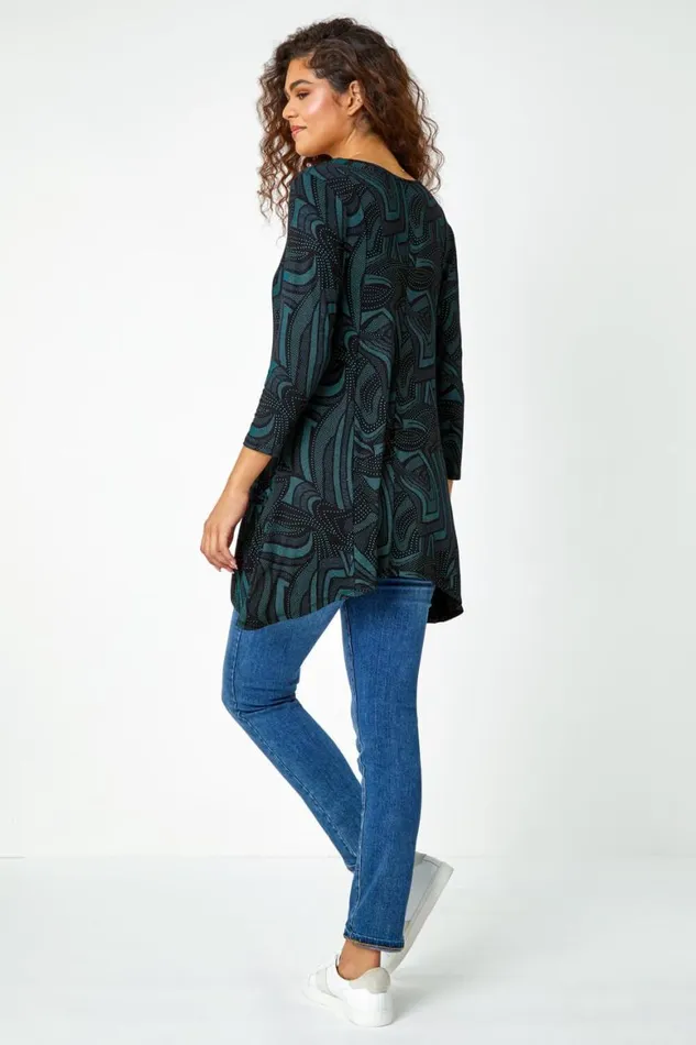 Women Green Swirl Print Hanky Hem Stretch Top Roman Tops