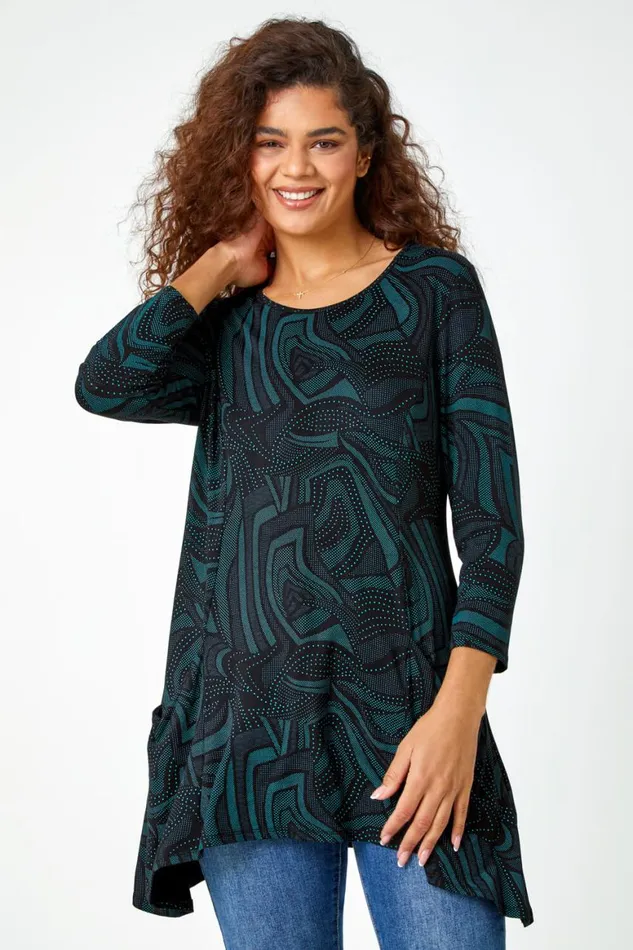 Women Green Swirl Print Hanky Hem Stretch Top Roman Tops