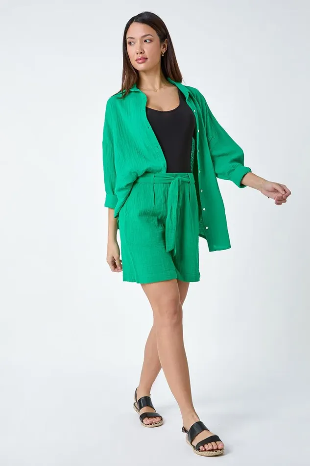 Women Green Textured Elastic Tie Waist Cotton Shorts Roman Trousers