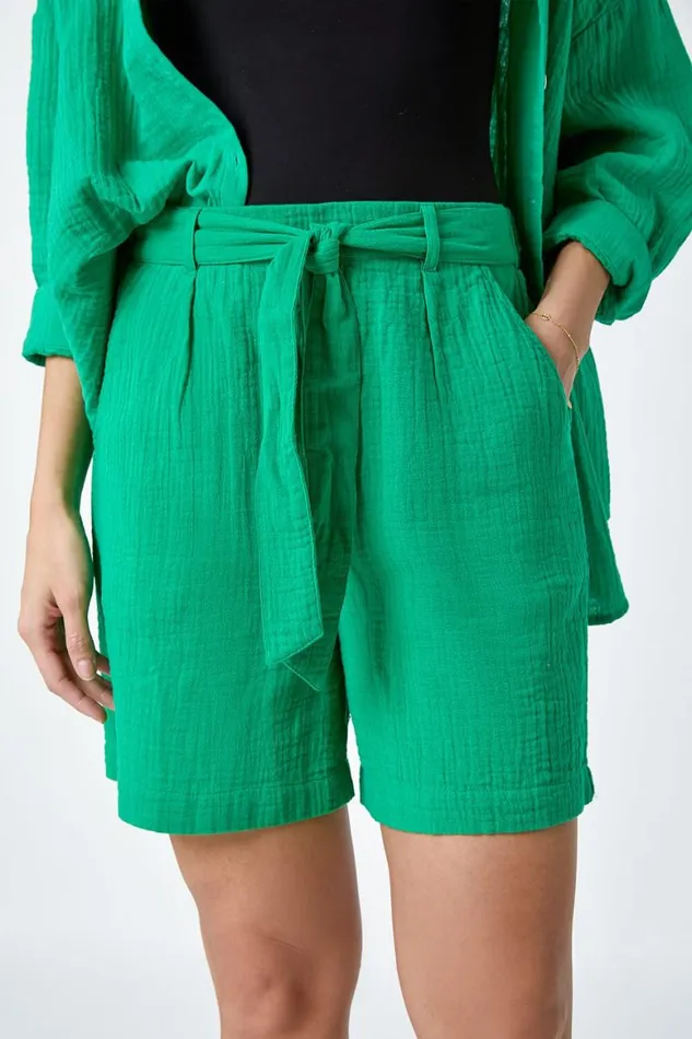 Women Green Textured Elastic Tie Waist Cotton Shorts Roman Trousers