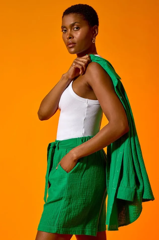 Women Green Textured Elastic Tie Waist Cotton Shorts Roman Trousers