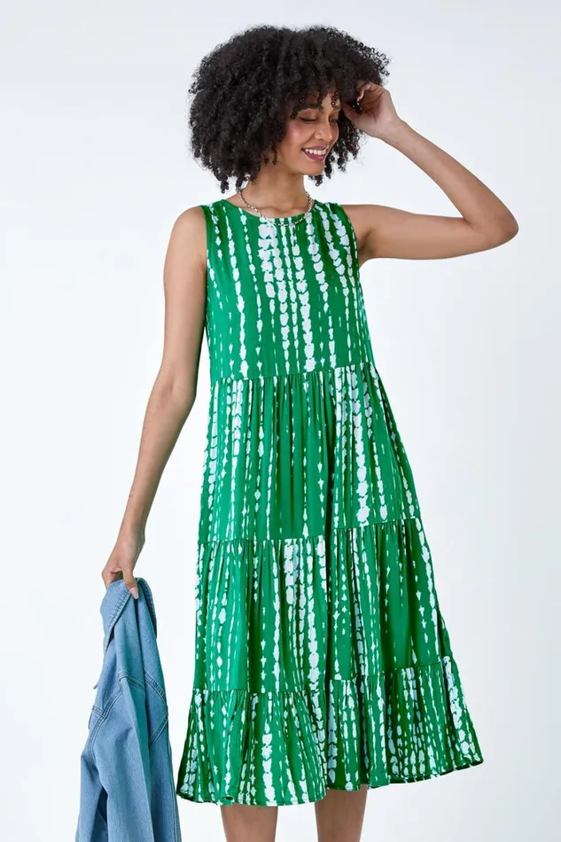Women Green Tie Dye Print Sleeveless Smock Dress Roman Dresses