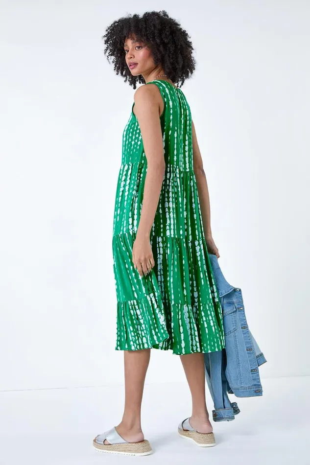 Women Green Tie Dye Print Sleeveless Smock Dress Roman Dresses