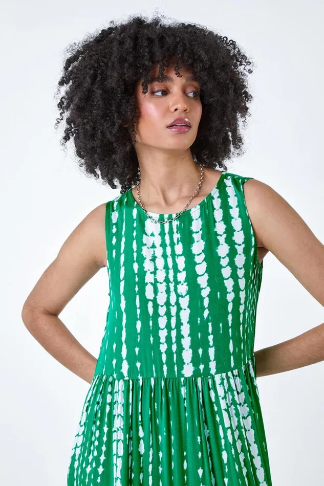 Women Green Tie Dye Print Sleeveless Smock Dress Roman Dresses