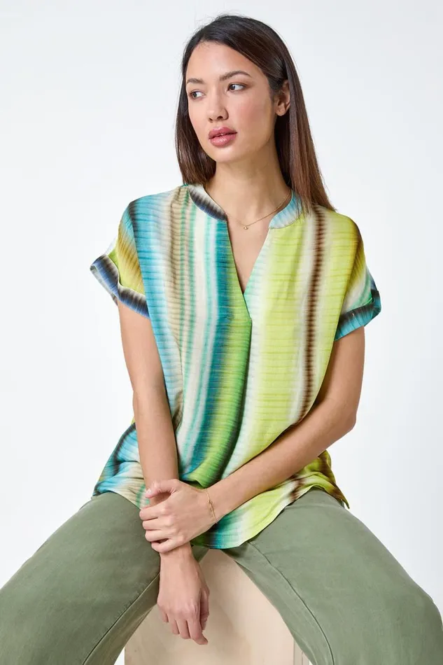 Women Green Tie Dye VNeck Pleat Detail Top Roman Tops