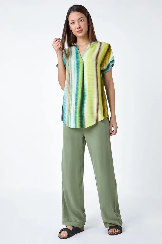 Women Green Tie Dye VNeck Pleat Detail Top Roman Tops