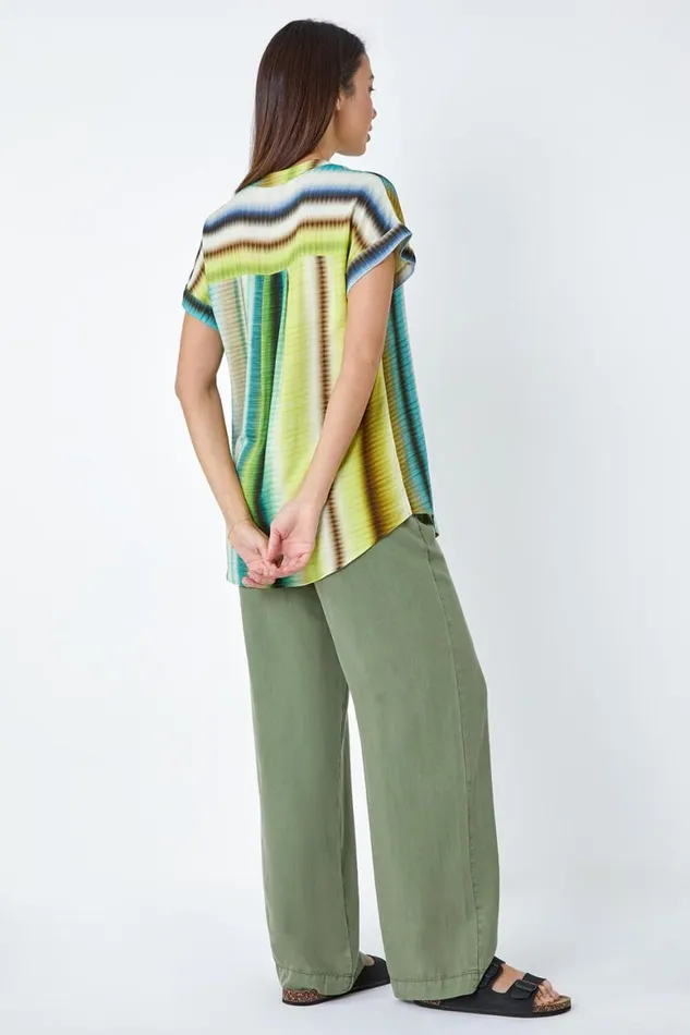 Women Green Tie Dye VNeck Pleat Detail Top Roman Tops
