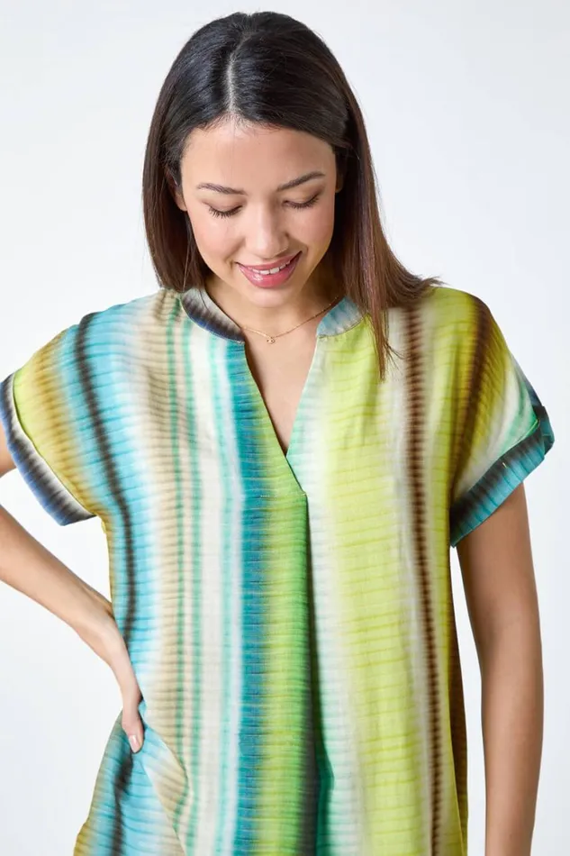 Women Green Tie Dye VNeck Pleat Detail Top Roman Tops