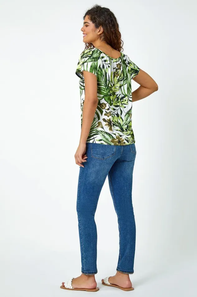 Women Green Tropical Leaf Print VNeck TShirt Roman Tops