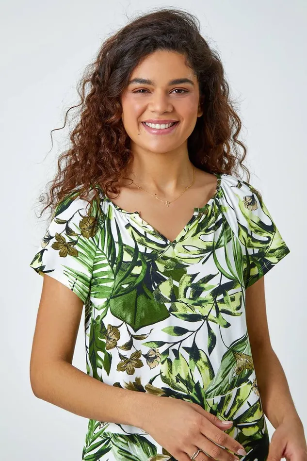 Women Green Tropical Leaf Print VNeck TShirt Roman Tops