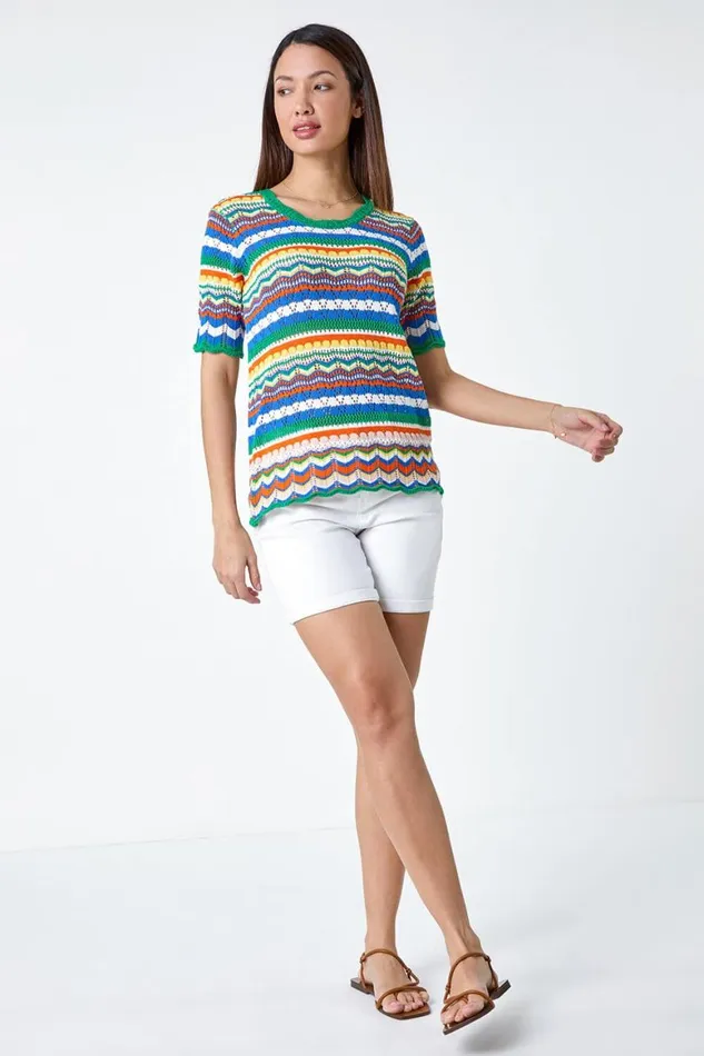 Women Green Wave Print Knitted Cotton Top Roman Tops