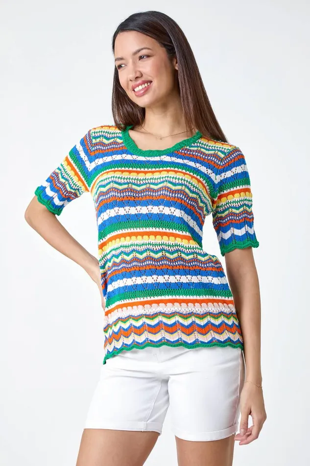 Women Green Wave Print Knitted Cotton Top Roman Tops