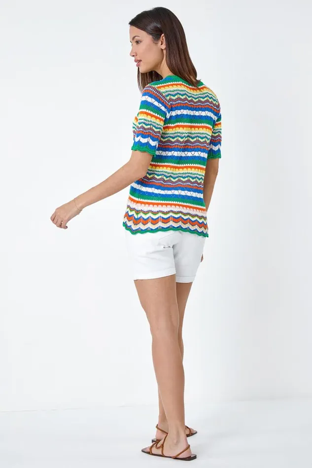 Women Green Wave Print Knitted Cotton Top Roman Tops
