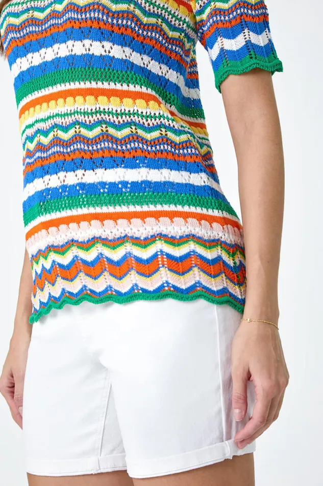 Women Green Wave Print Knitted Cotton Top Roman Tops