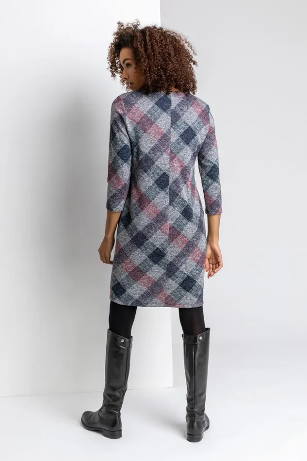 Women Grey Check Pocket Shift Dress Roman Dresses