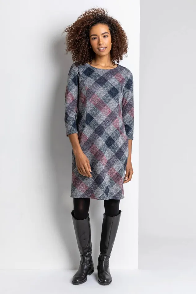 Women Grey Check Pocket Shift Dress Roman Dresses