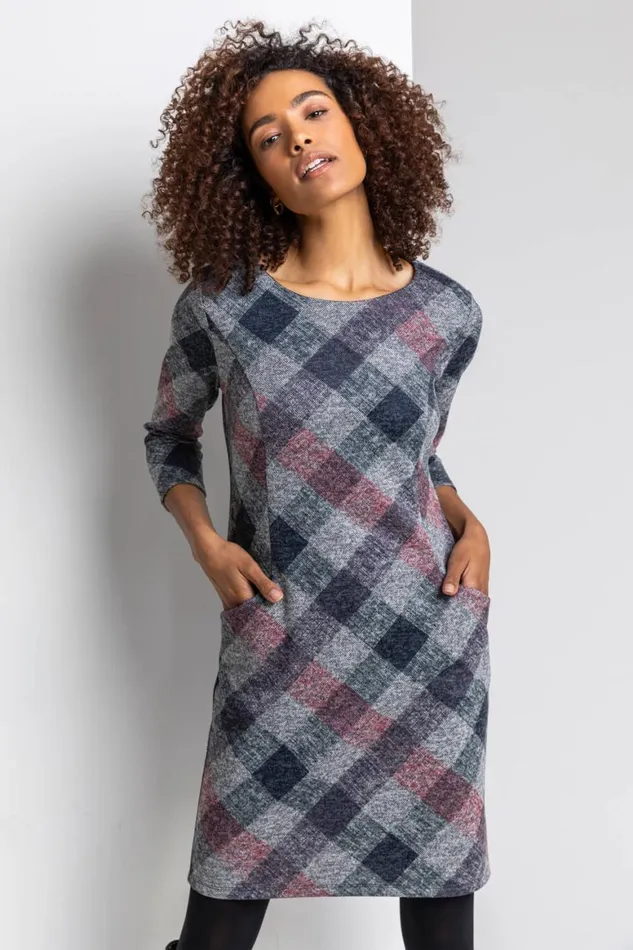 Women Grey Check Pocket Shift Dress Roman Dresses