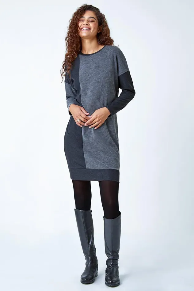 Women Grey Colour Block Stretch Jumper Dress Roman Dresses