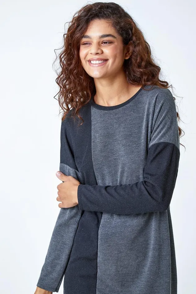 Women Grey Colour Block Stretch Jumper Dress Roman Dresses