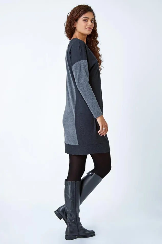 Women Grey Colour Block Stretch Jumper Dress Roman Dresses