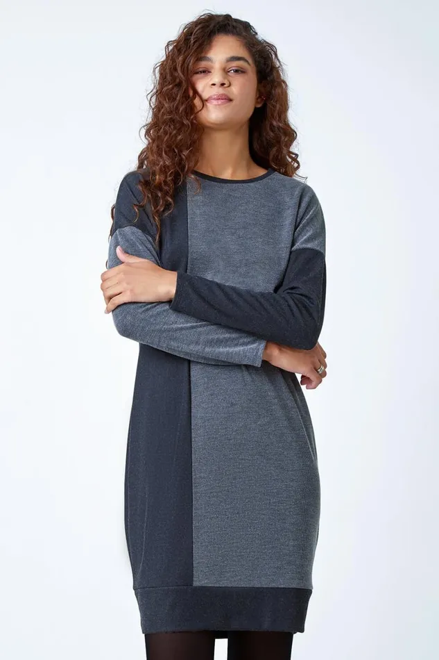 Women Grey Colour Block Stretch Jumper Dress Roman Dresses
